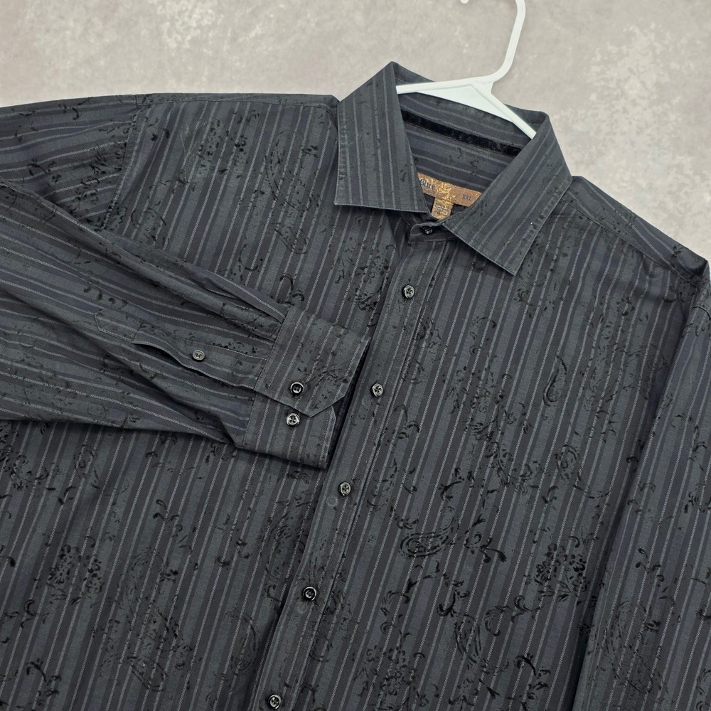 Blue Pronto Uomo Mens XXL Black Striped Paisley Flocked Button Down Shirt Cotton